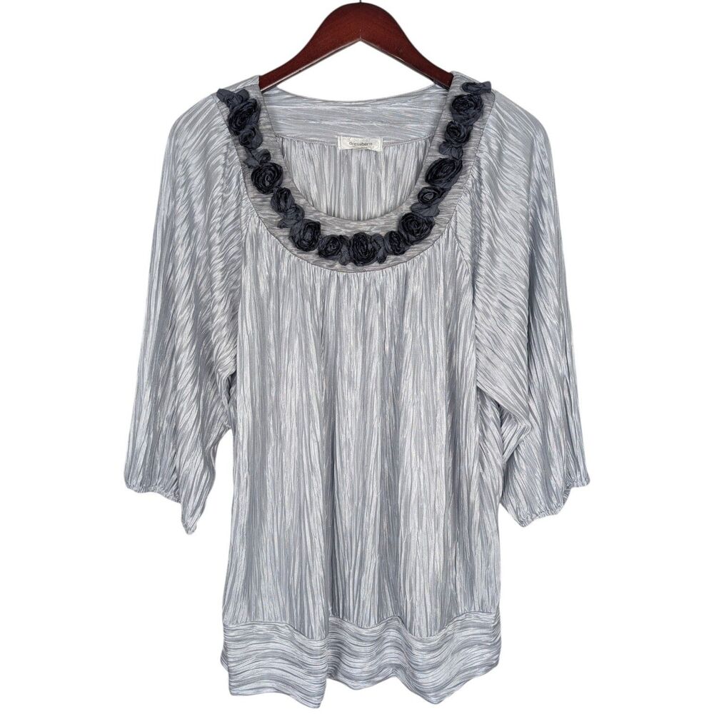 Dressbarn Metallic Floral Applique Pleated Crinkle Top - 2X